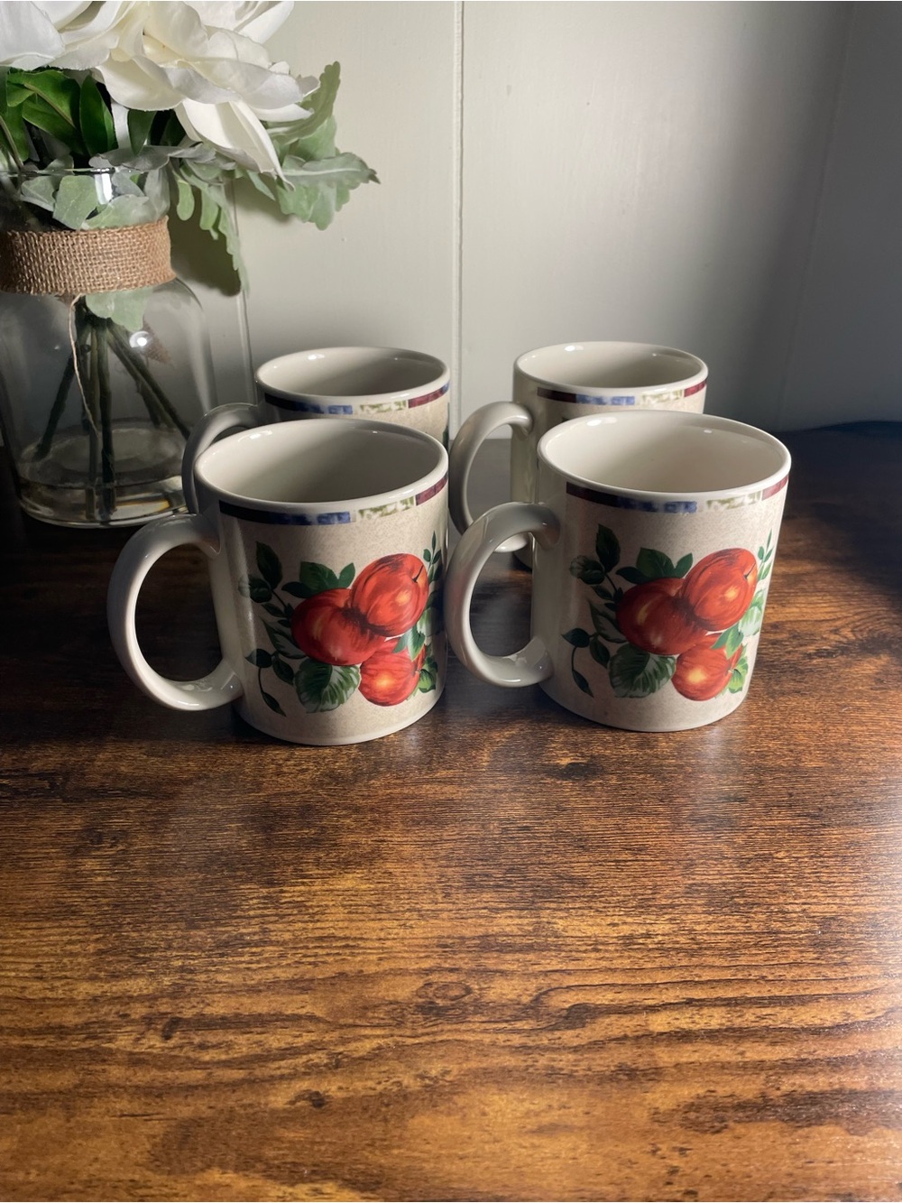 4 Oneida Apple Motif Ceramic Mugs - White and Red